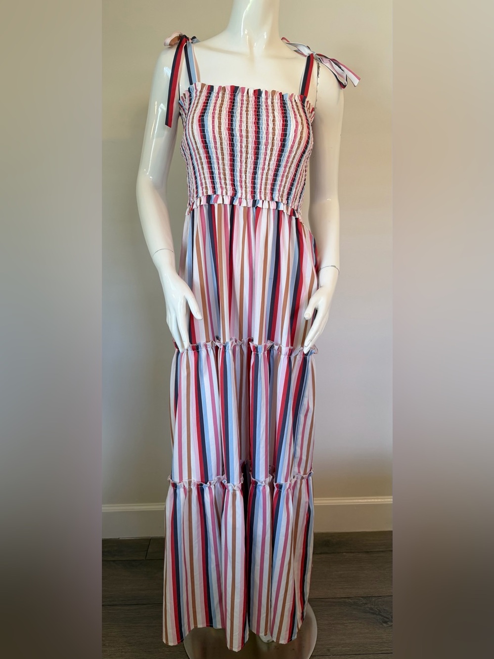FORE Striped Tie-Shoulder Tiered Maxi Dress in Red, Blue & White Size M